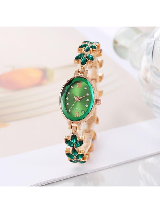 Women Rose Gold Green Analog Quartz Petal Casual Bracelet Simulated Luxury Watch main image 4